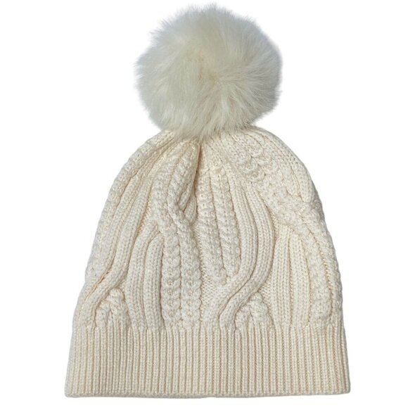 CLUB MONACO Adorelli Hat Cable Knit Wool Beanie with Faux Fur Pompom Cream - Picture 1 of 8